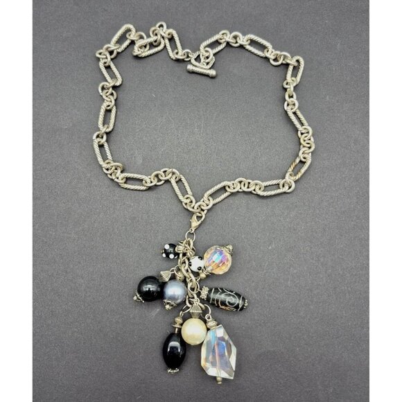 Silver Tone Toggle Necklace Textured Link Multi Beaded Pendant Dangle Tassel 20" - Picture 8 of 10